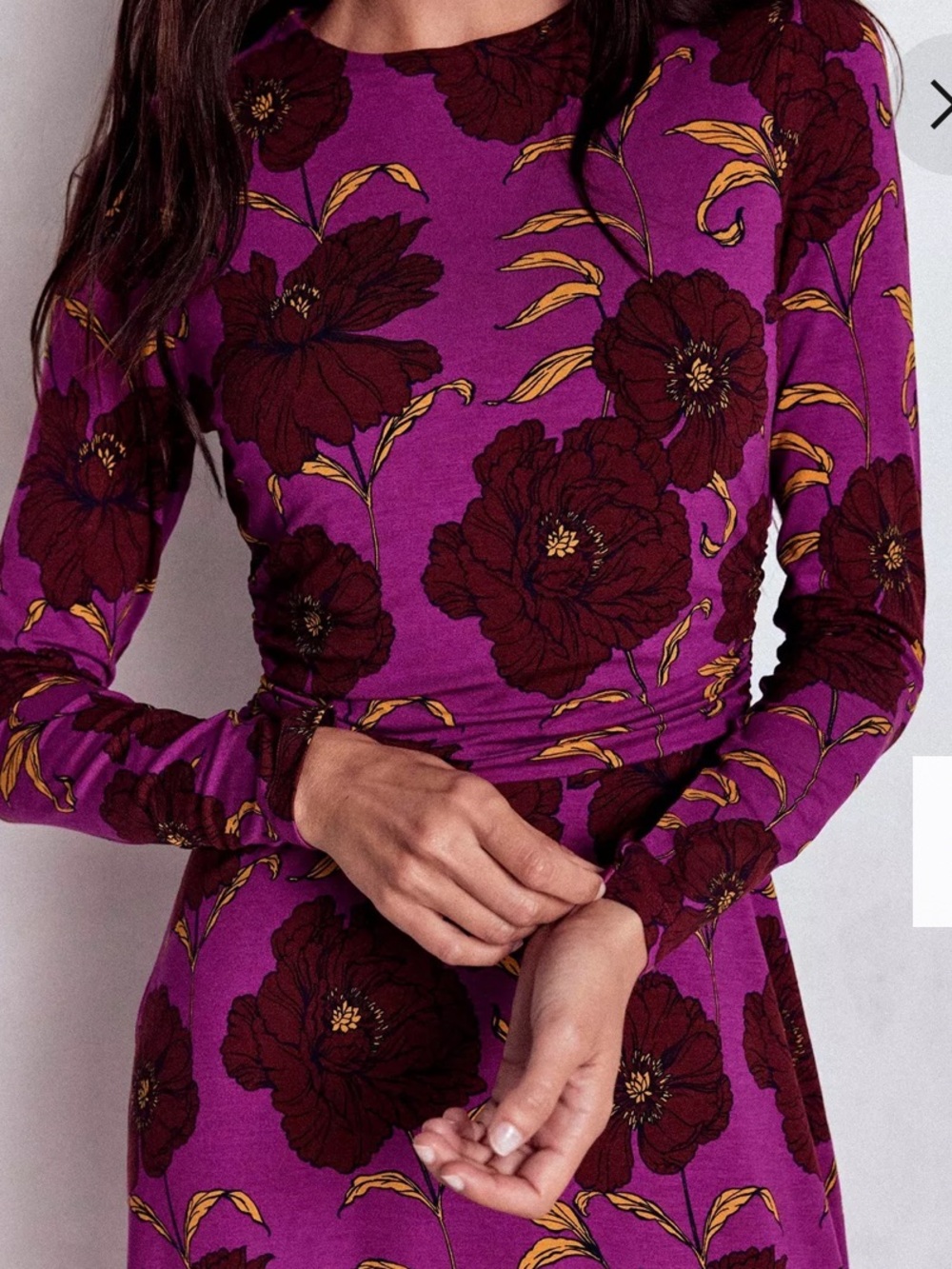 BODEN NWT Floral Round Neck Ruched Jersey Midi Dress